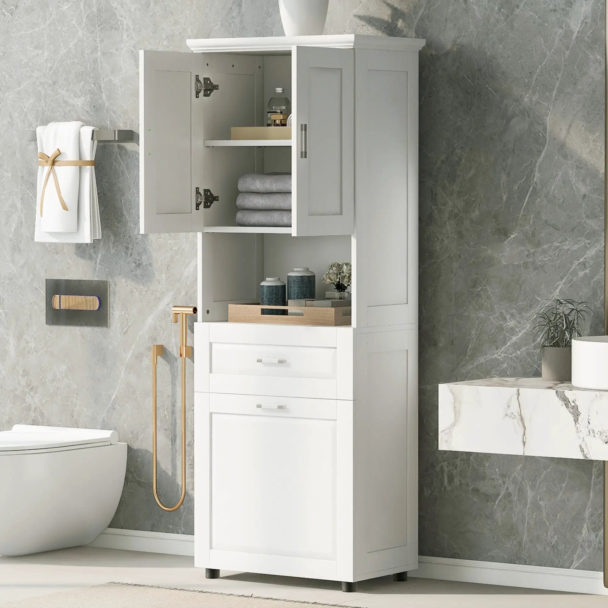 Tall Bathroom Cabinet with Laundry Basket by HouseOfZazla