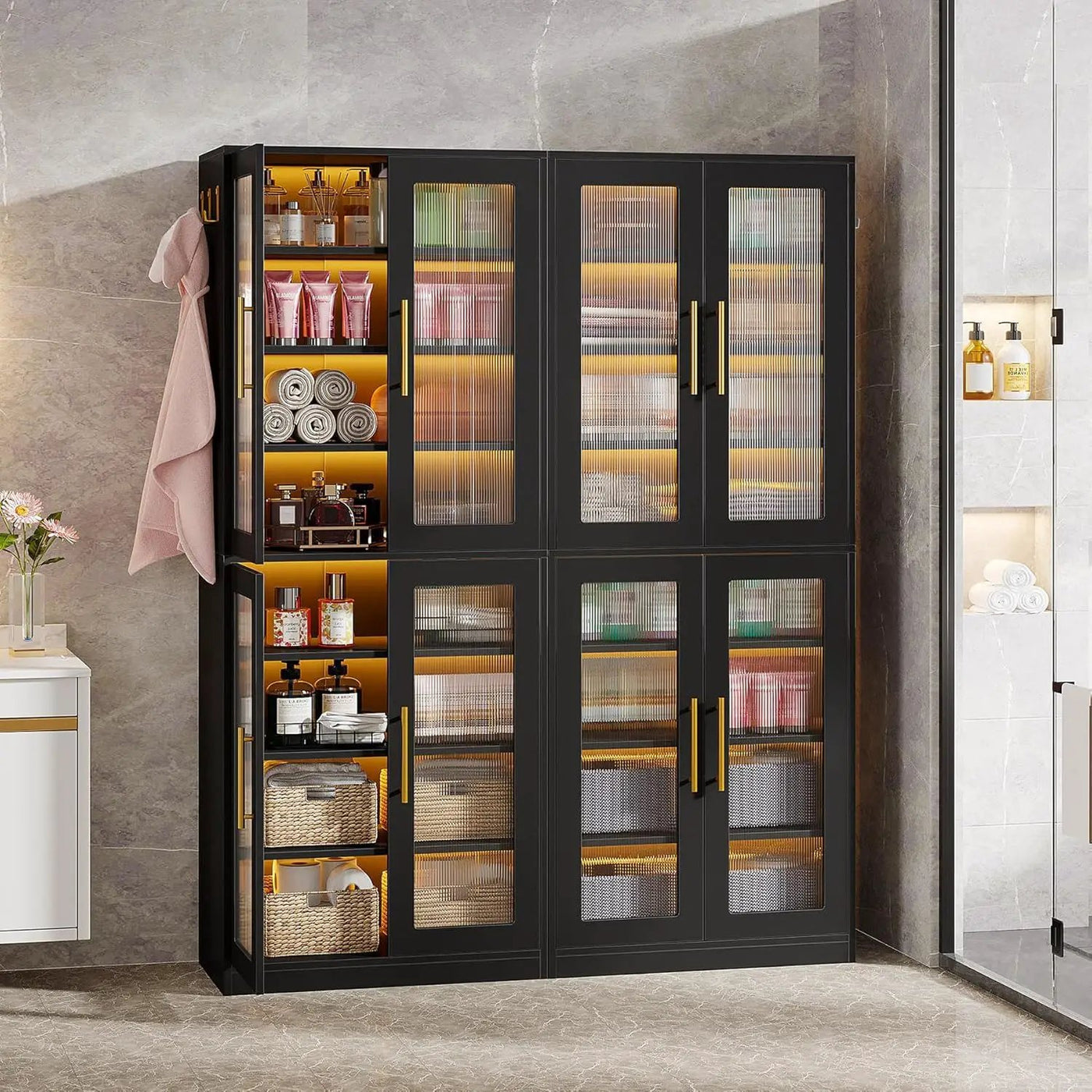 Bookcase With Doors And LED Lighting, 8 Adjustable Shelves Storage Cabinet by HouseOfZazla