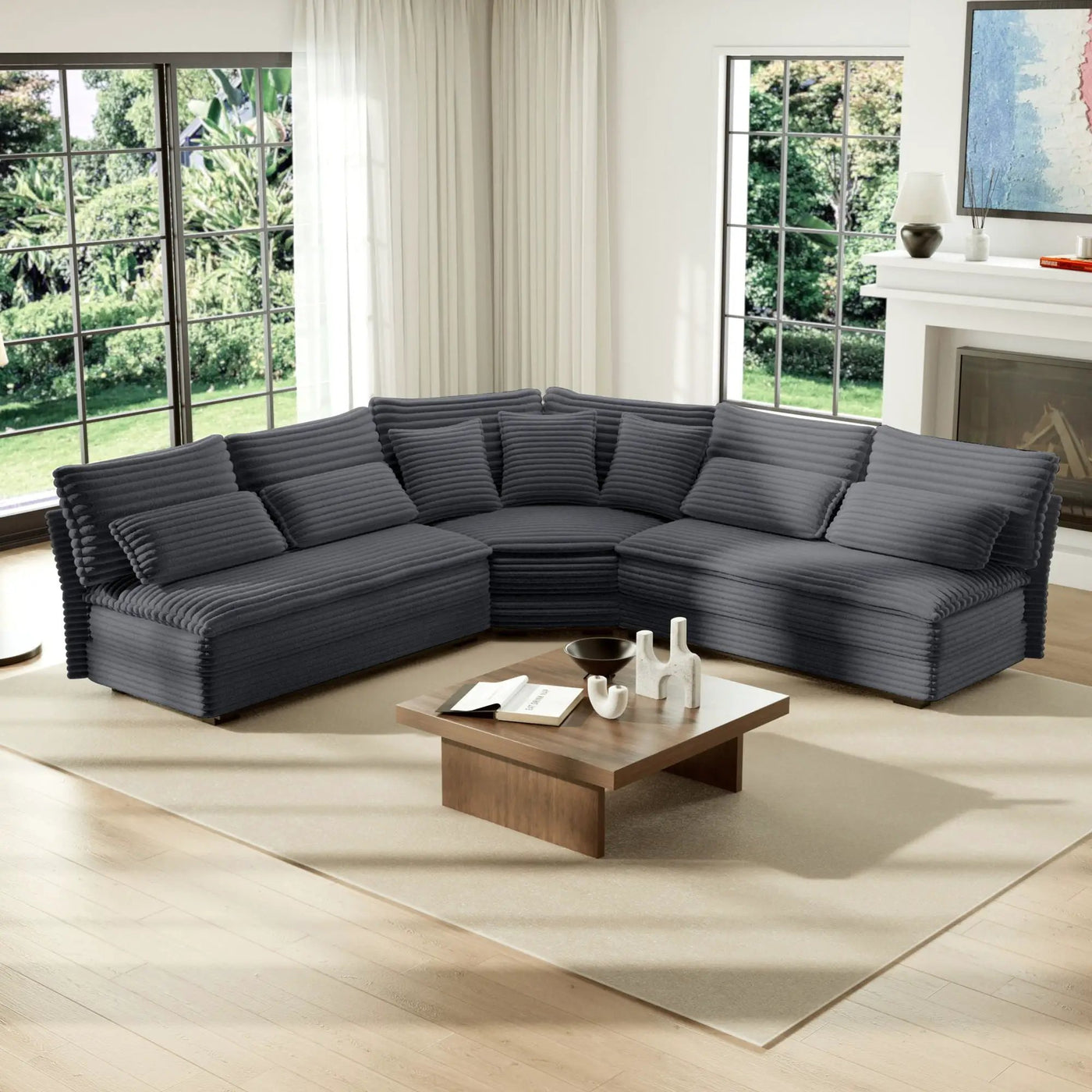 5 Seater L Shaped Sectional Sofa With Curved Corner, 7 Pillows by Unique Piece Furniture