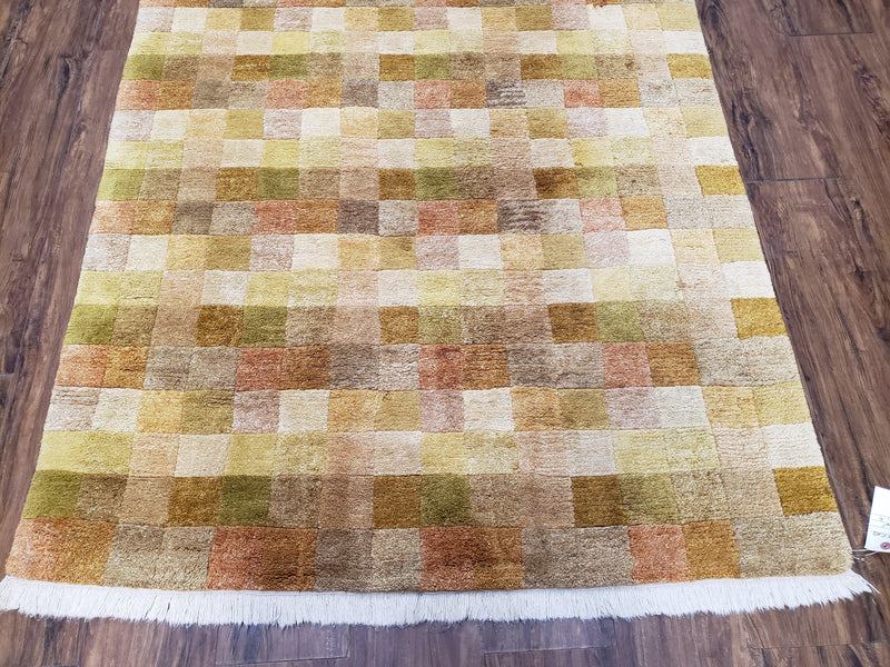 4x6 Tibetan Rug, Modern Abstract Handmade Area Rug, Checkerboard Pattern, Neutral Ivory Gold Tan Colors, Soft Pile, Mid Sized Rug, Nepali by Jewel Rugs