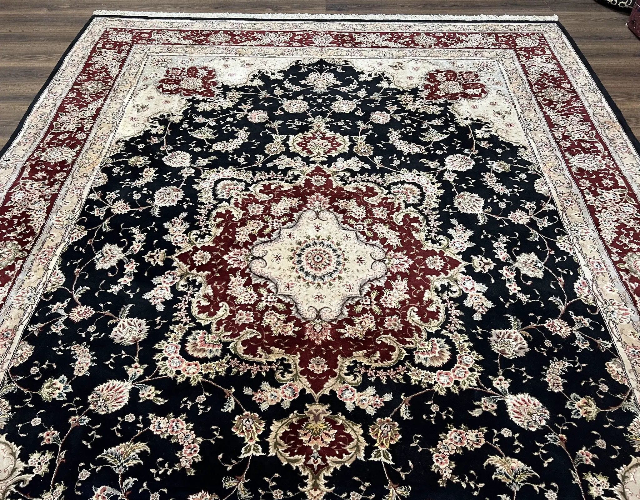 Pak Persian Rug 8.8 x 10.6, Floral Medallion, Wool and Silk Hand Knotted Fine Oriental Carpet, Elegant Rug, Black Gray Burgundy, Room Sized by Jewel Rugs