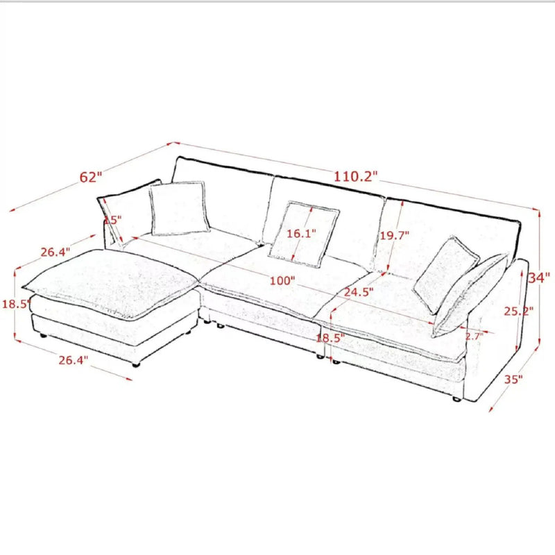 L-Shaped Sectional Sofa With Ottoman, Convertible 4 Seater Couch by HouseOfZazla