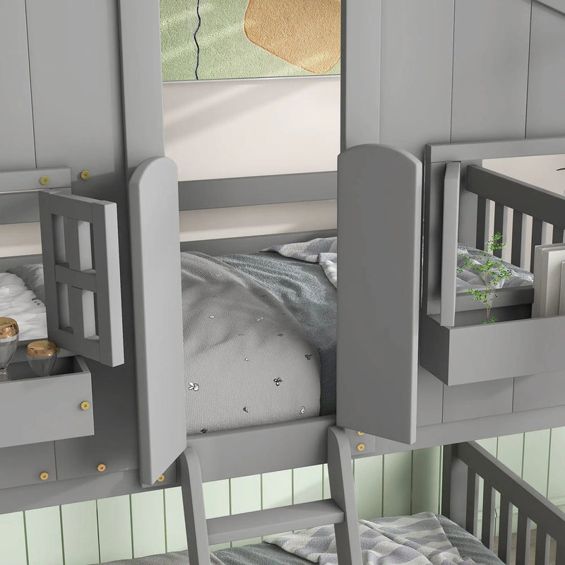 House Bunk Bed With Roof, Window, Window Box, Door, With Safety Guardrails And Ladder by HouseOfZazla