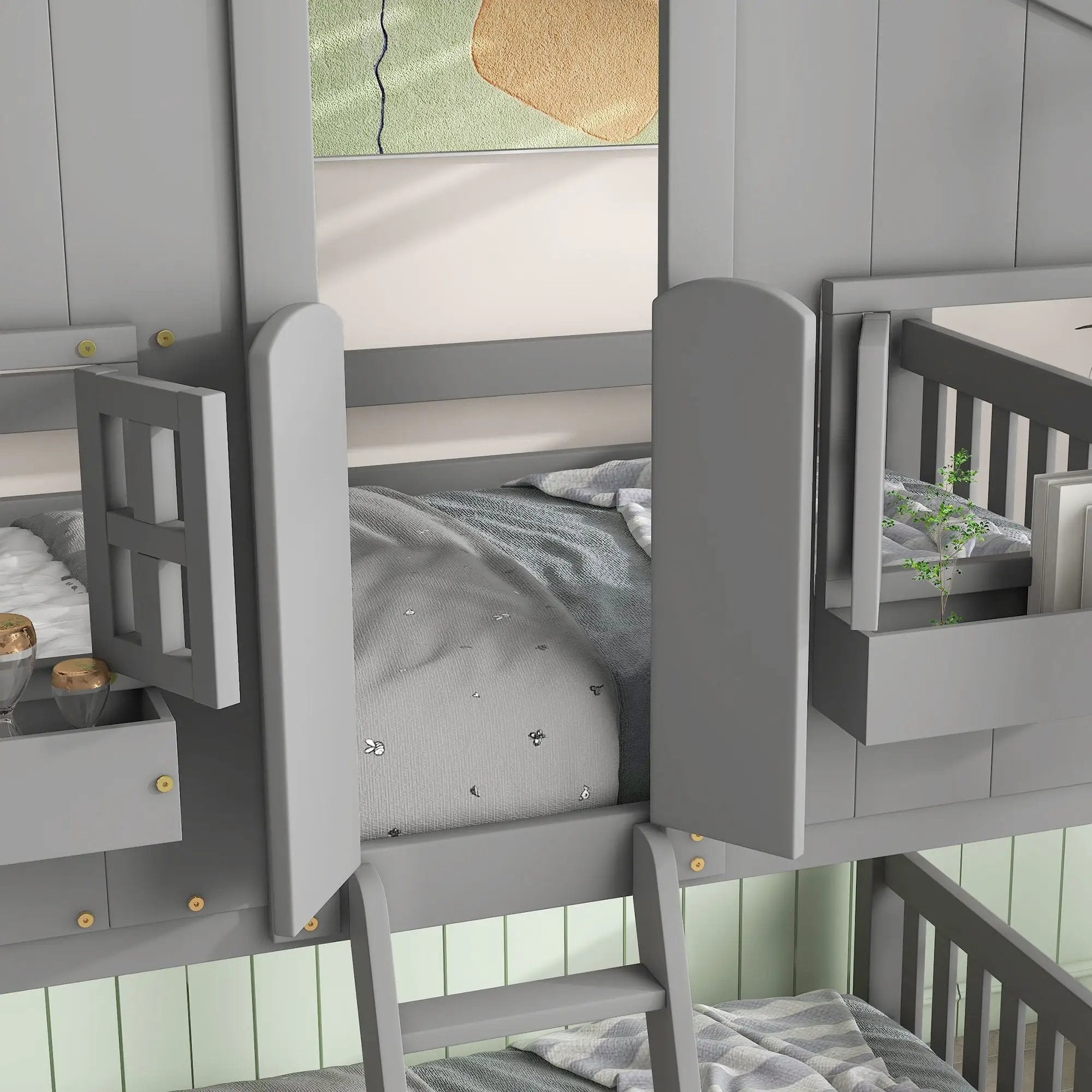 House Bunk Bed With Roof, Window, Window Box, Door, With Safety Guardrails And Ladder by Unique Piece Furniture