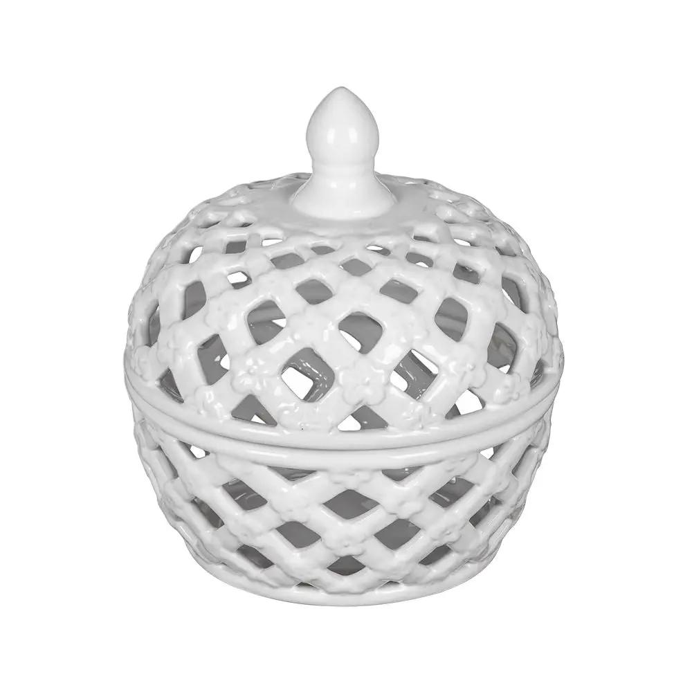 Ceramic Lidded Jar With Lattice Design - White by Unique Piece Furniture
