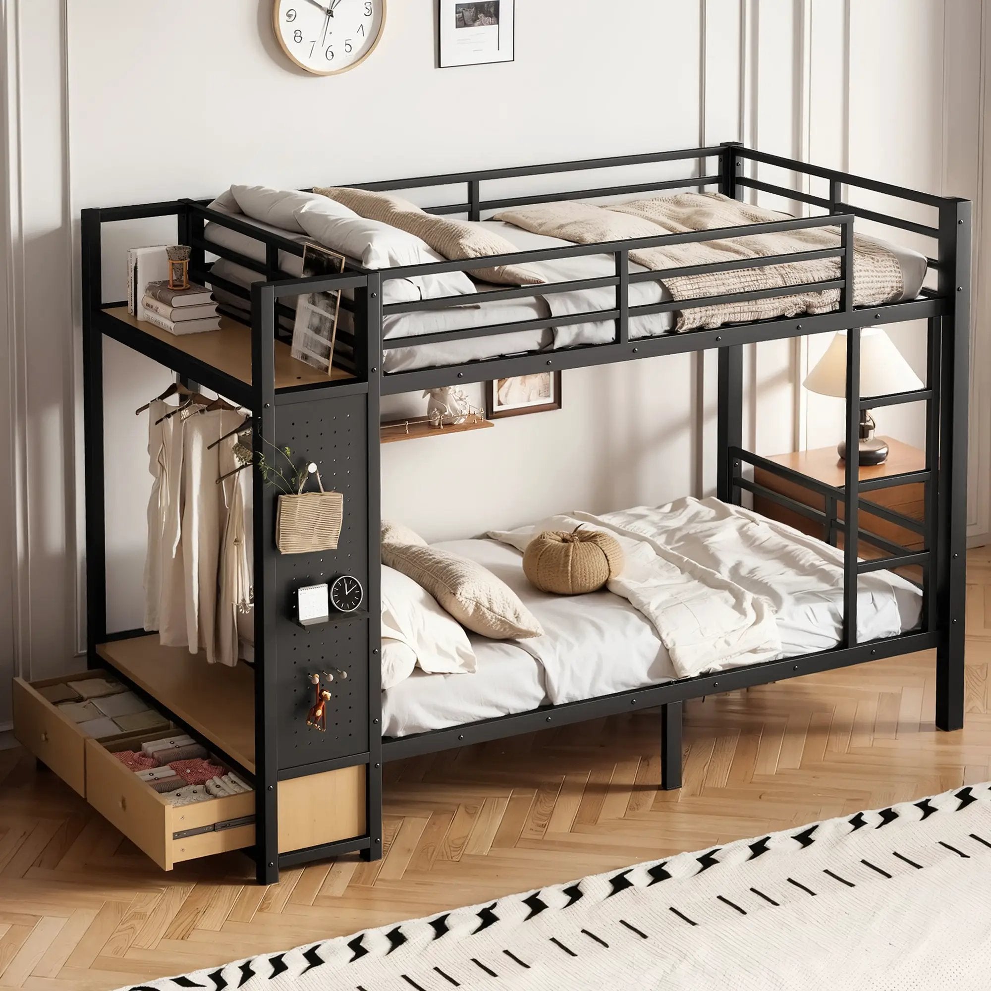 Twin XL Over Twin XL Metal Bunk Bed with Storage Shelves by HouseOfZazla