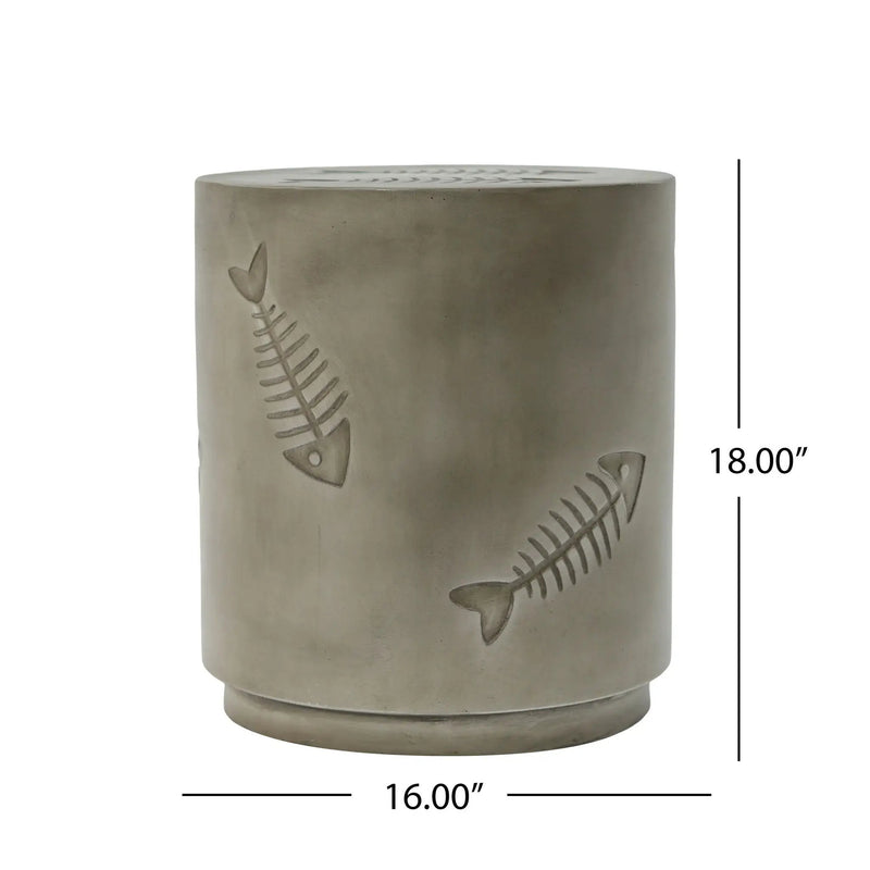 Rustic Magnesium Oxide Side Table With Fish Pattern Design - Gray by HouseOfZazla
