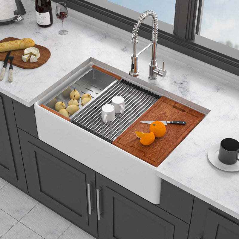 Kitchen Sink Workstation 33" Single Bowl Sink With Work Surface - White by HouseOfZazla