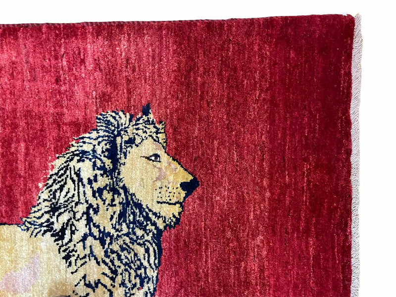 3 X 5 Handmade Hand-Knotted Quality Wool Rug New Vintage Lion Red Pictorial by Jewel Rugs