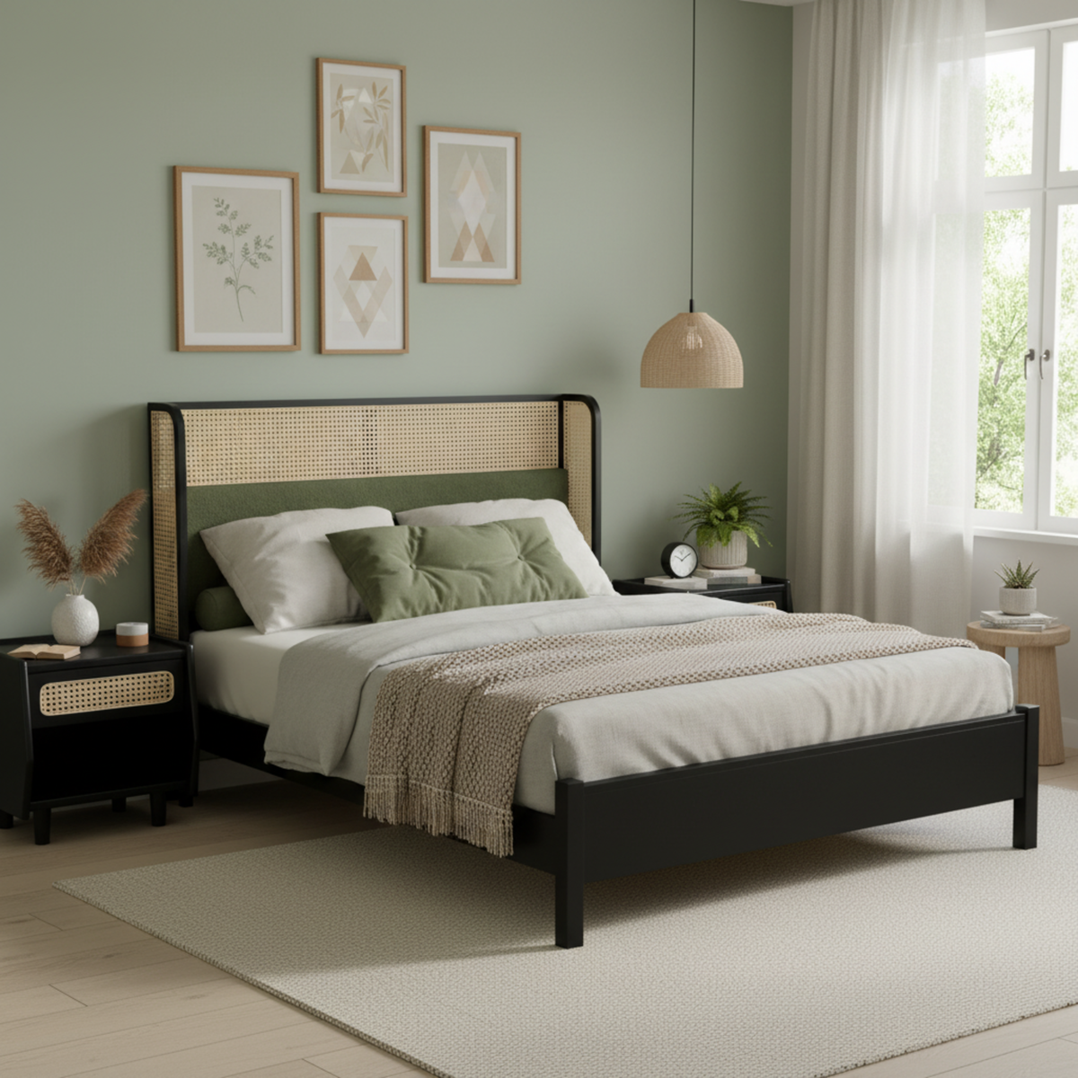 Queen Size Bed Frame with Plush Green Upholstered Headboard by HouseOfZazla