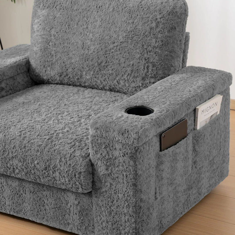 Oversized Chaise Lounge Indoor Rabbit Fur Sofa Bed With Storage Ottoman And Armrests Cup Holders With Deep Seat by HouseOfZazla