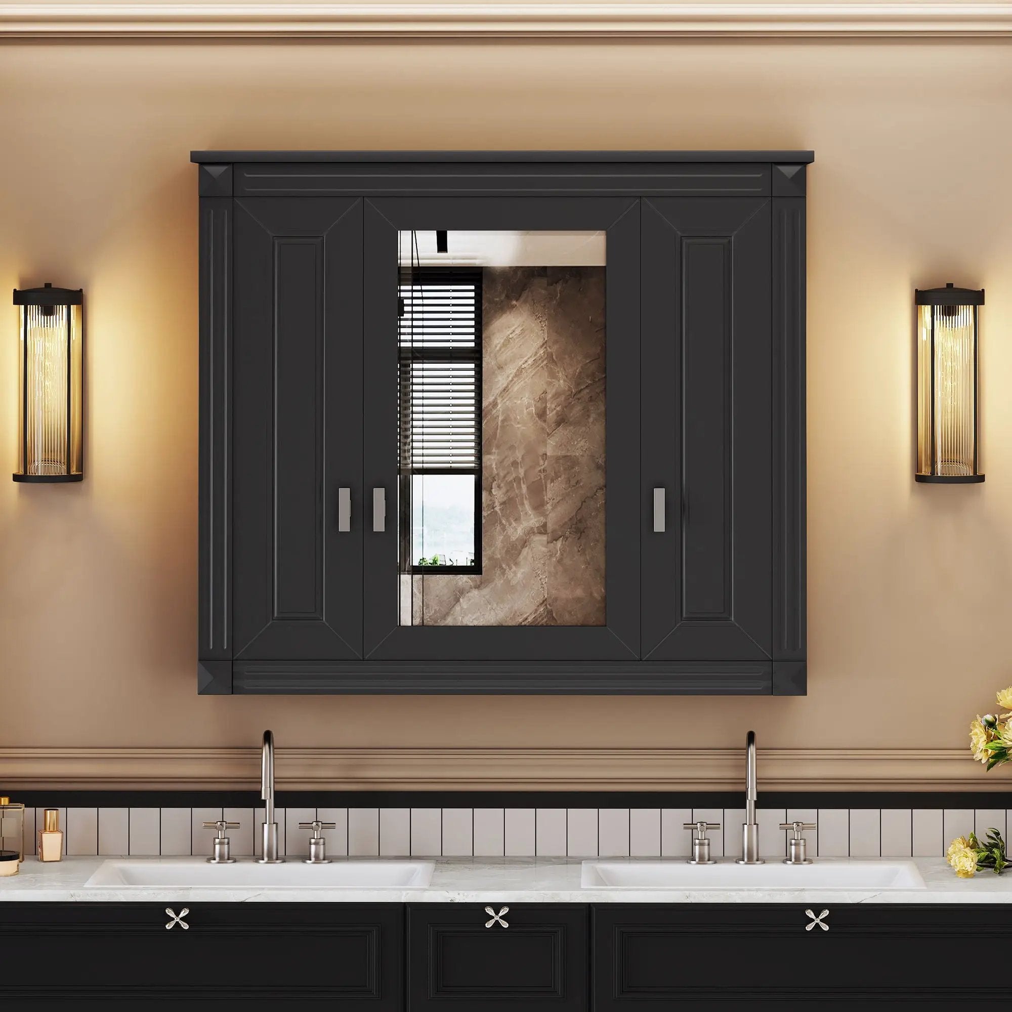 Wall Mounted Bathroom Cabinet With Mirror And 5 Shelves, Rectangular Design by Unique Piece Furniture