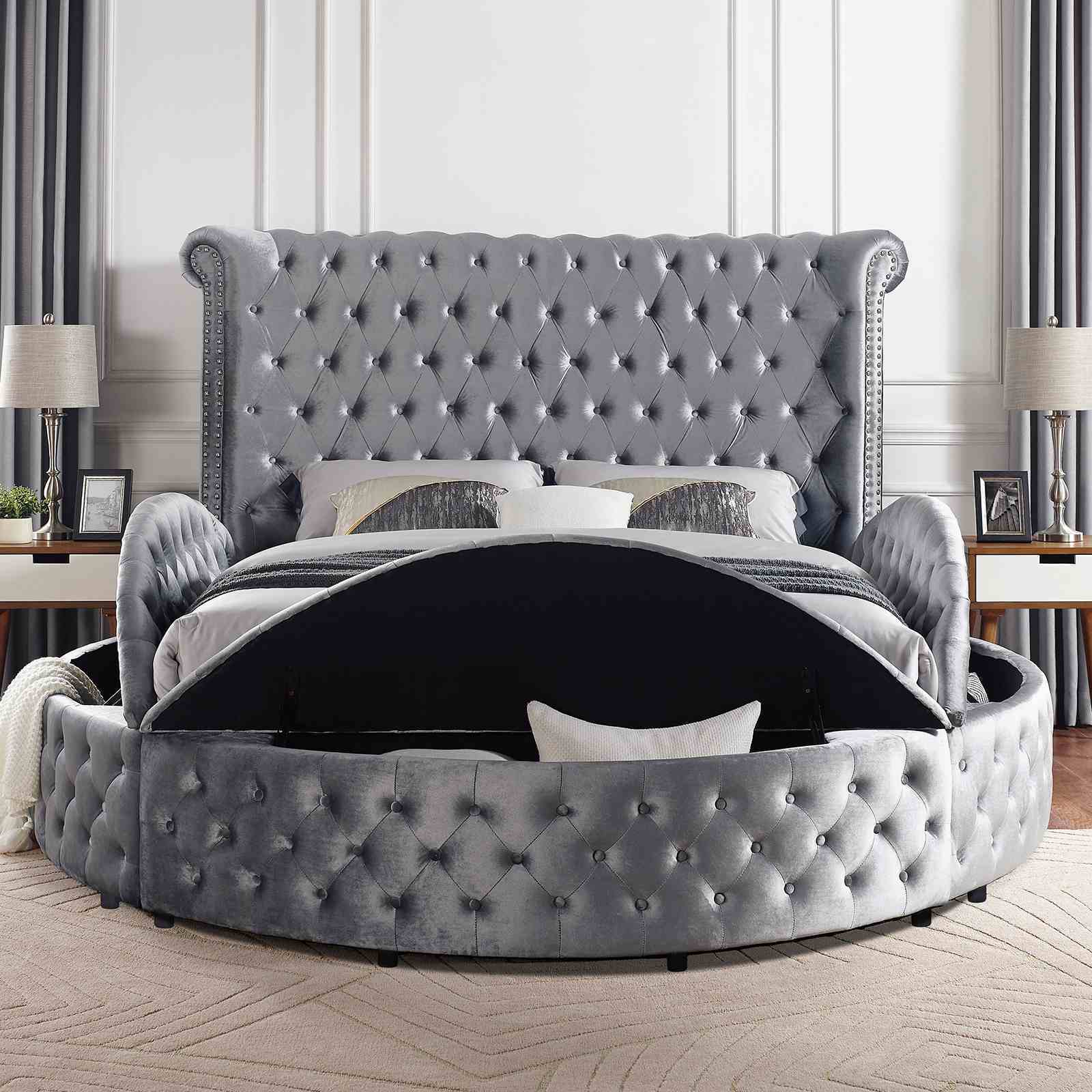 Glam Button Tufted Wingback Round Bed With Storage And USB Ports by Unique Piece Furniture