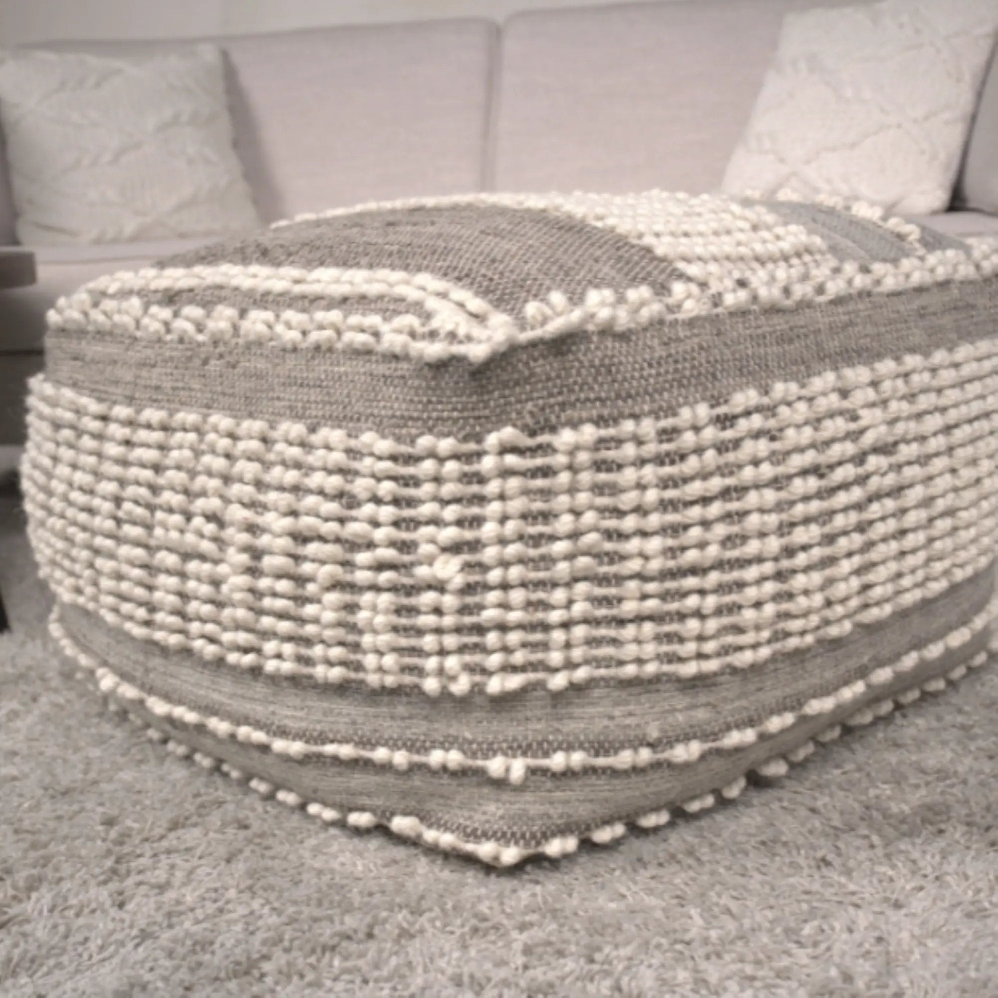 Rustic Wool And Cotton Large Pouf, Handcrafted Tufted Design - Brown / Beige by HouseOfZazla