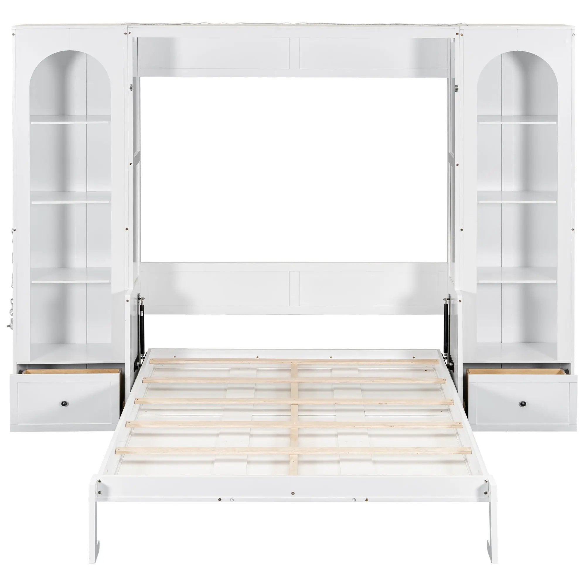 French Style Murphy Platform Bed With Shelf, Side Cabinets, Drawers And LED