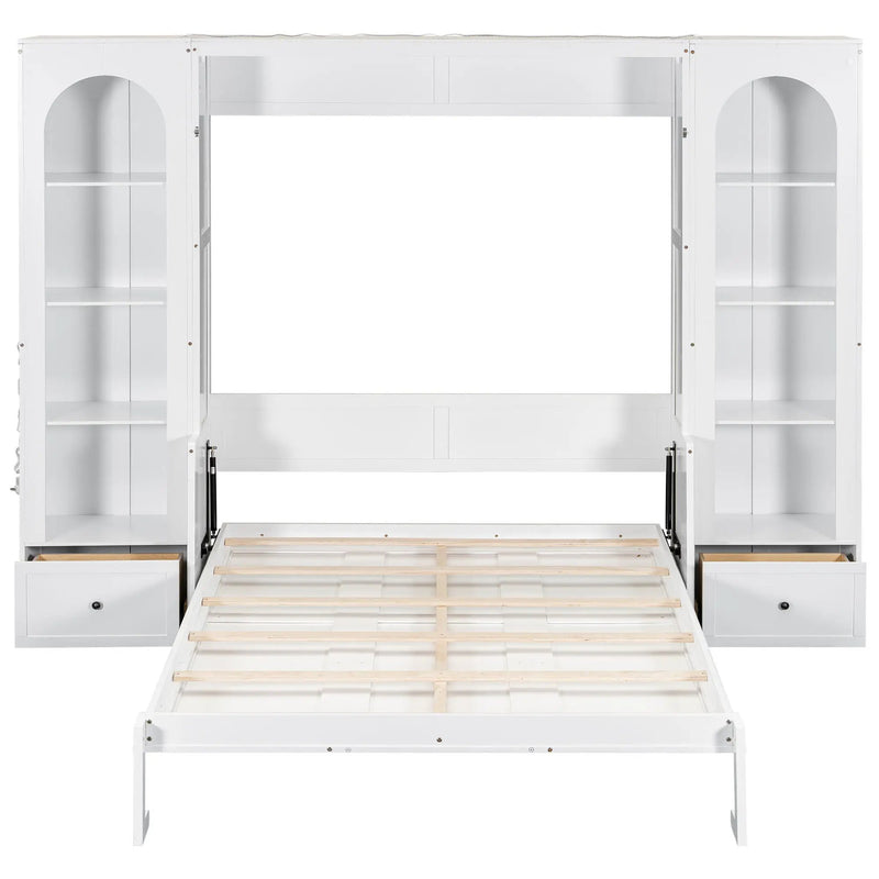 French Style Murphy Platform Bed With Shelf, Side Cabinets, Drawers And LED