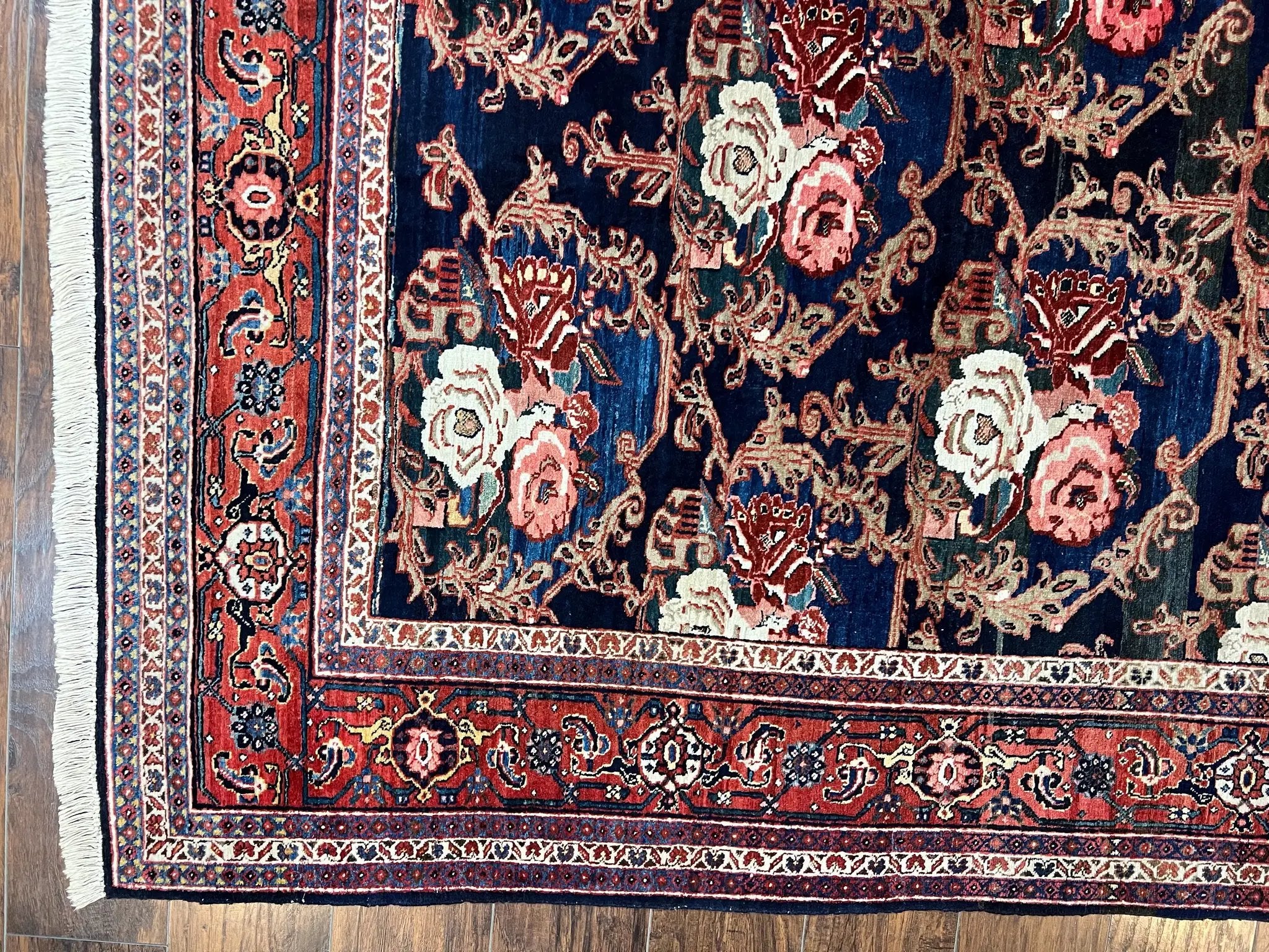 Persian Bidjar Rug 8x11, Floral Bouquets, Blue Black Red Pink, Handmade Hand Knotted Vintage Semi Antique Oriental Carpet by Jewel Rugs
