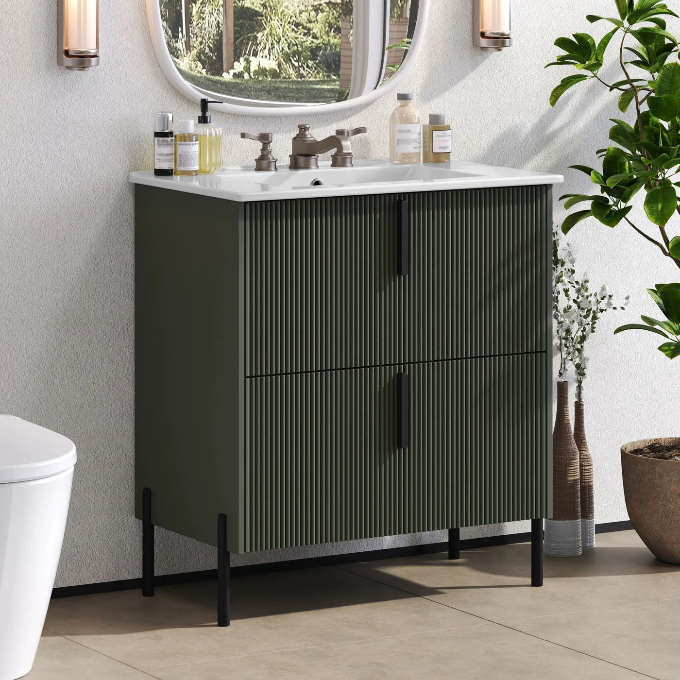 Bathroom Vanity With Ceramic Sink, Fluted Design by HouseOfZazla