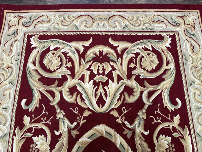 Burgundy Aubusson Rug 6x9, Vintage Wool Carpet by Jewel Rugs