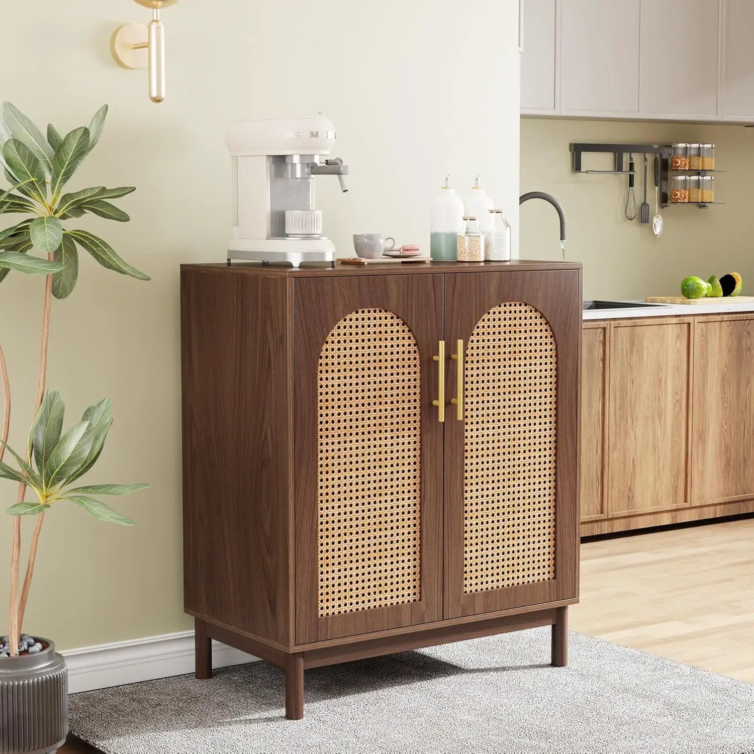 Sideboard Buffet Cabinet With Handwoven Rattan Doors (Set of 2) - Dark Brown by HouseOfZazla