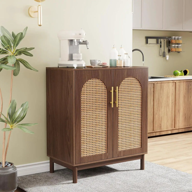Sideboard Buffet Cabinet With Handwoven Rattan Doors (Set of 2) - Dark Brown by HouseOfZazla