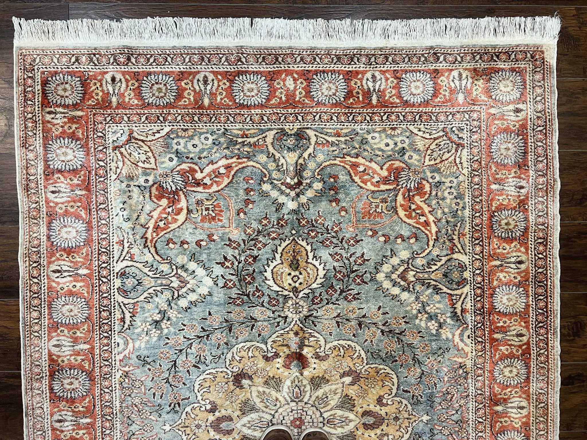 Silk Turkish Rug 5x7, Light Blue Silk Carpet, Floral Medallion, Turkish Kayseri Rug, Vintage Handmade Oriental Rug by Jewel Rugs