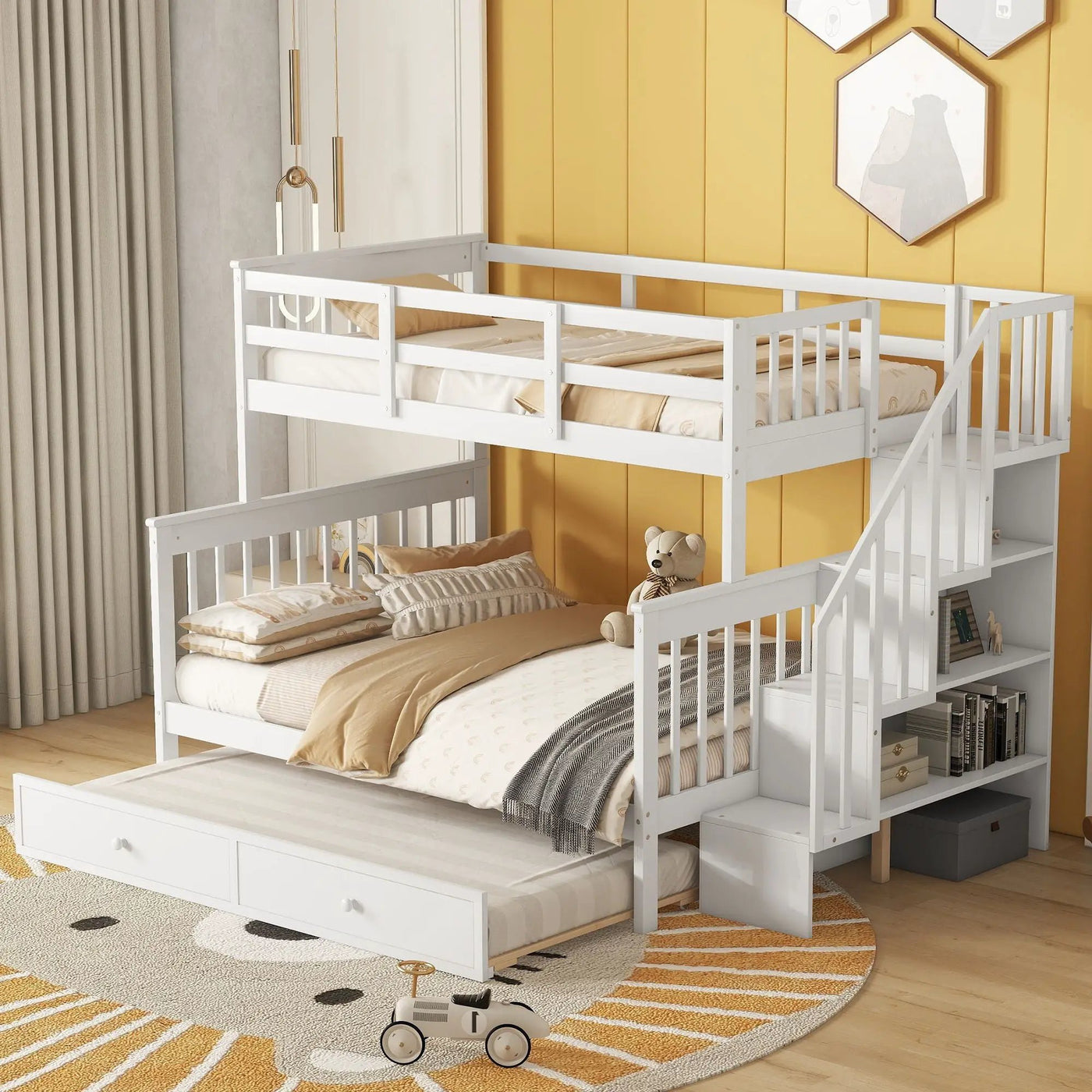 Bunk Bed With Twin Size Trundle, Storage And Guard Rail For Bedroom by Unique Piece Furniture