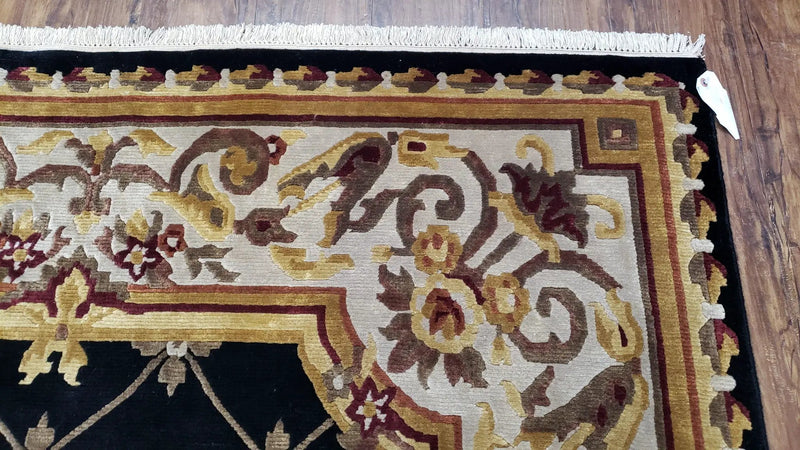 6x9 Nepalese Rug, Aubusson Savonnerie Area Rug 6 x 9 with Soft Pile, Hand-Knotted Wool Black & Beige Tibetan New Carpet European Design by Jewel Rugs