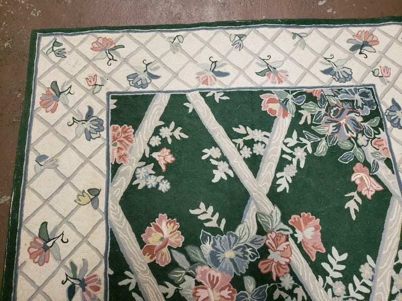 3' 6" X 5' 6" Hand Stitched Indian Wool Rug with Backing Green Beige by Jewel Rugs