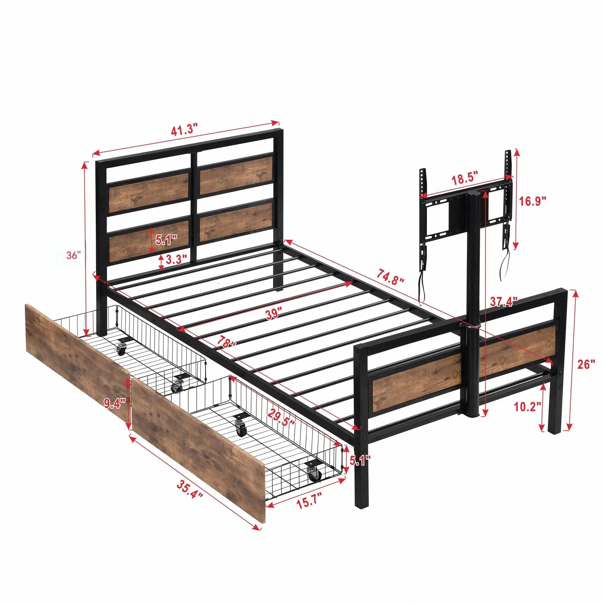Twin Size Platform Bed With Headboard And Footboard, 2 Storage Drawers And Rotatable TV Stand - Black by Unique Piece Furniture