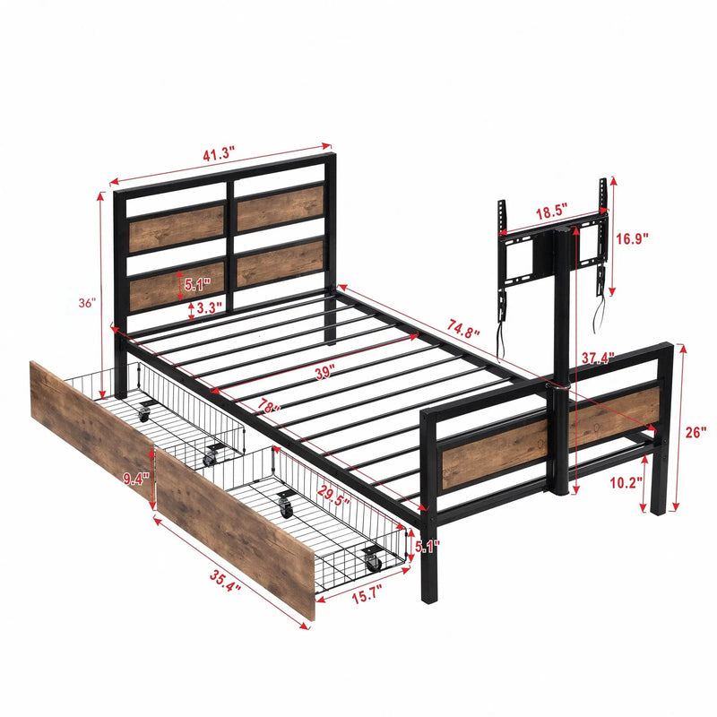 Twin Size Platform Bed With Headboard And Footboard, 2 Storage Drawers And Rotatable TV Stand - Black by HouseOfZazla