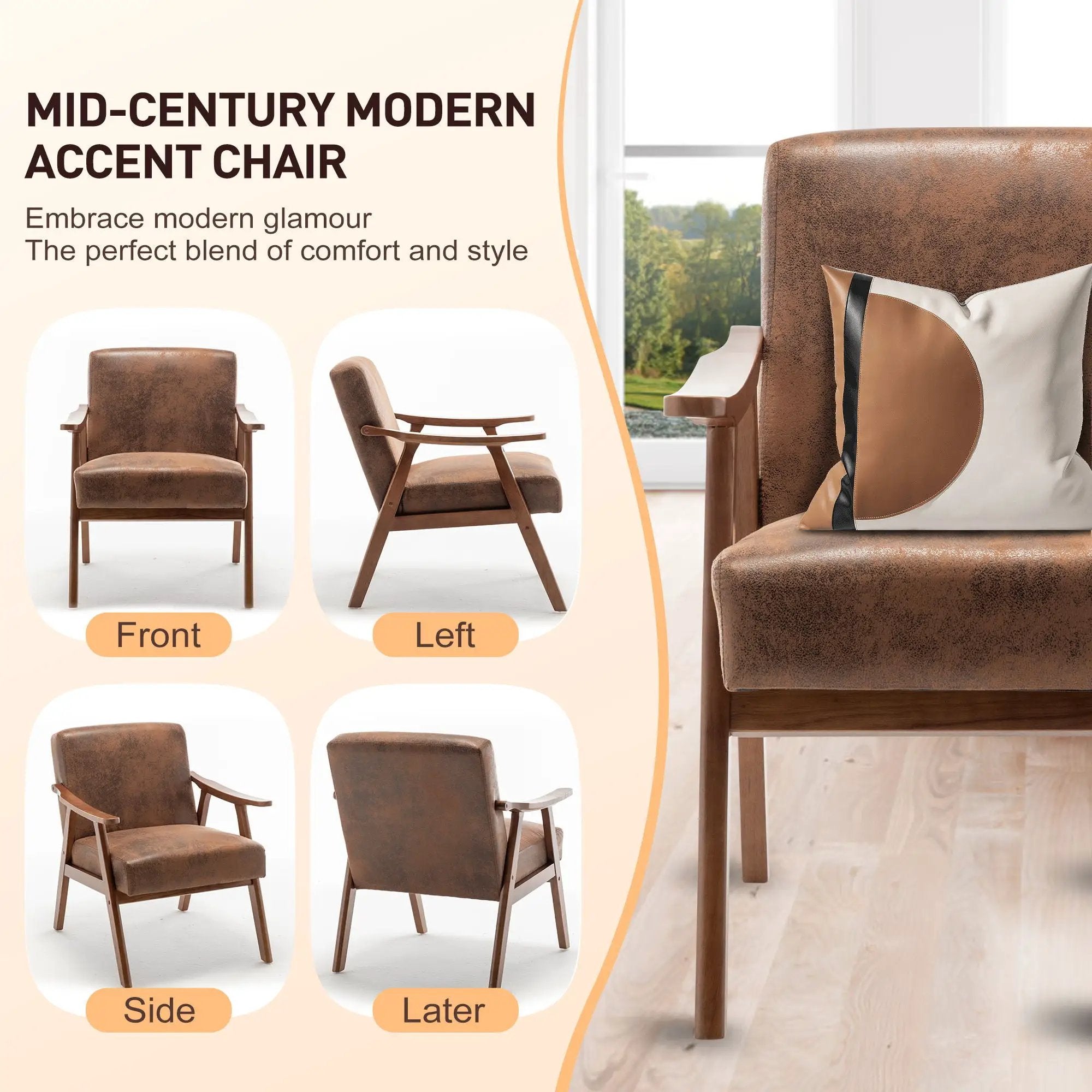 Mid Century Modern Accent Chair With Solid Wood Frame And Extra Thick Backrest by Unique Piece Furniture