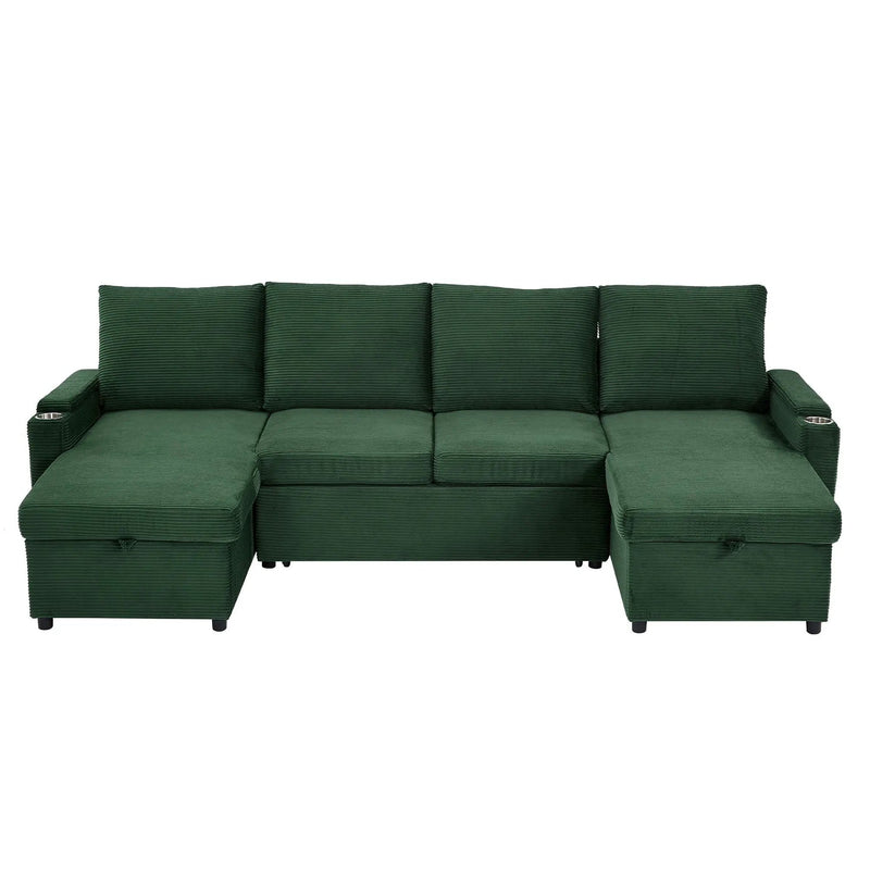 U Shaped Sectional Sofa Bed With Storage Chaise Lounges, USB Ports, And Cup Holders by HouseOfZazla