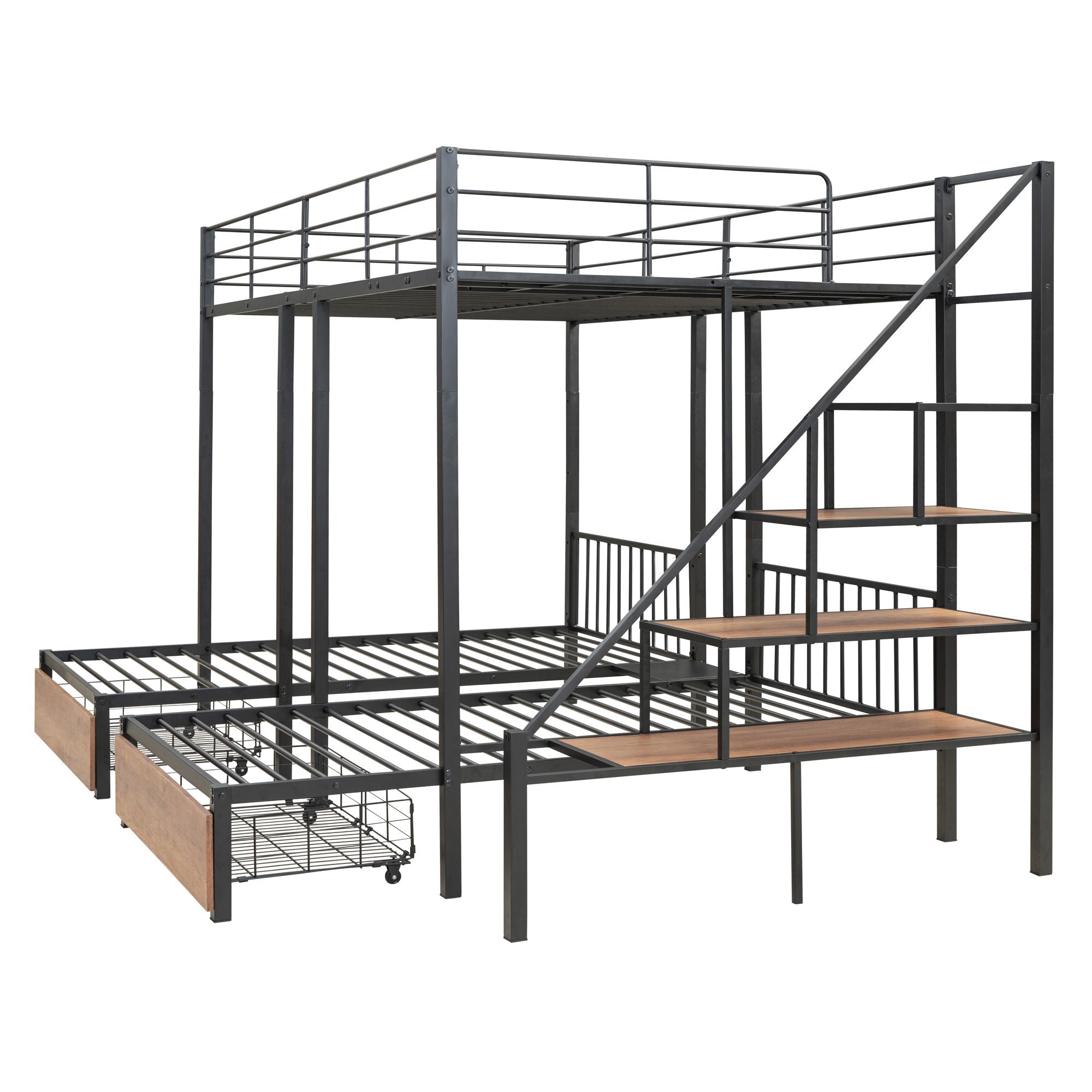 Full Over Twin-Twin Triple Bunk Bed With Drawers And Staircase - Black by HouseOfZazla