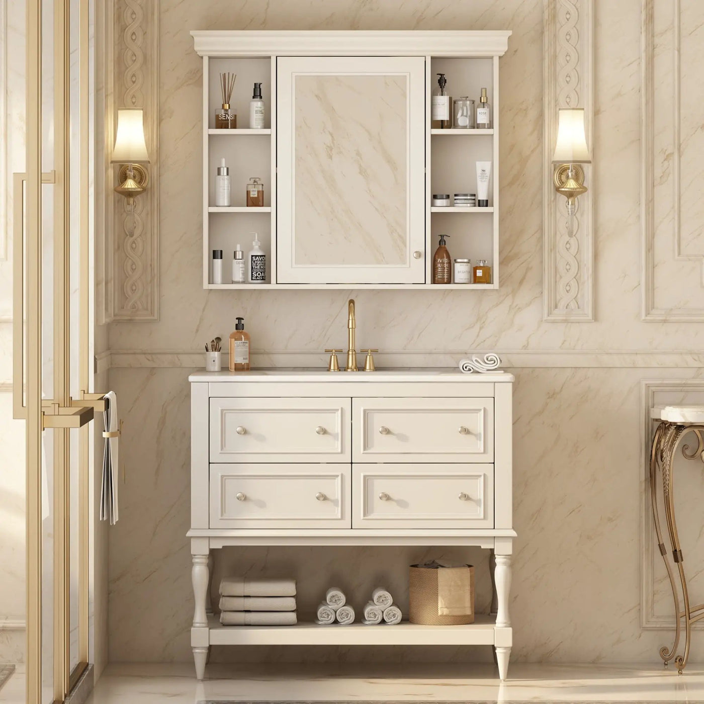 Bathroom Vanity With Medicine Cabinet, Storage Cabinet With 4 Drawers, Adjustable Shelf Mirror by Unique Piece Furniture