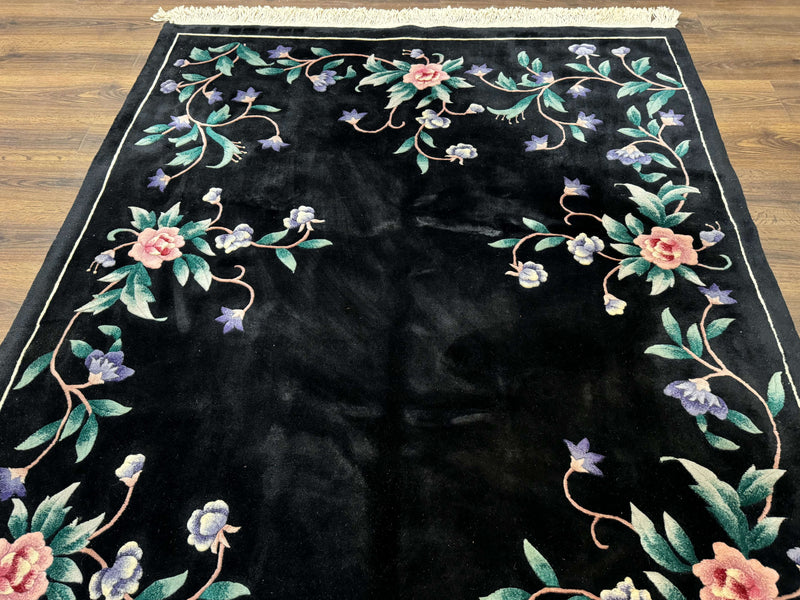 Chinese Wool Rug 6x9, Black, Floral, Minimal Design, 90 Line Carpet, Vintage Art Deco Rug by Jewel Rugs
