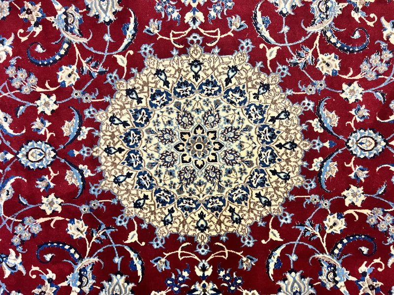 Persian Nain Rug 6x10, Wool and Silk Highlights, Red and Ivory, Floral Medallion, Vintage Handmade Hand Knotted, Fine 225 KPSI, Traditional Rug by Jewel Rugs