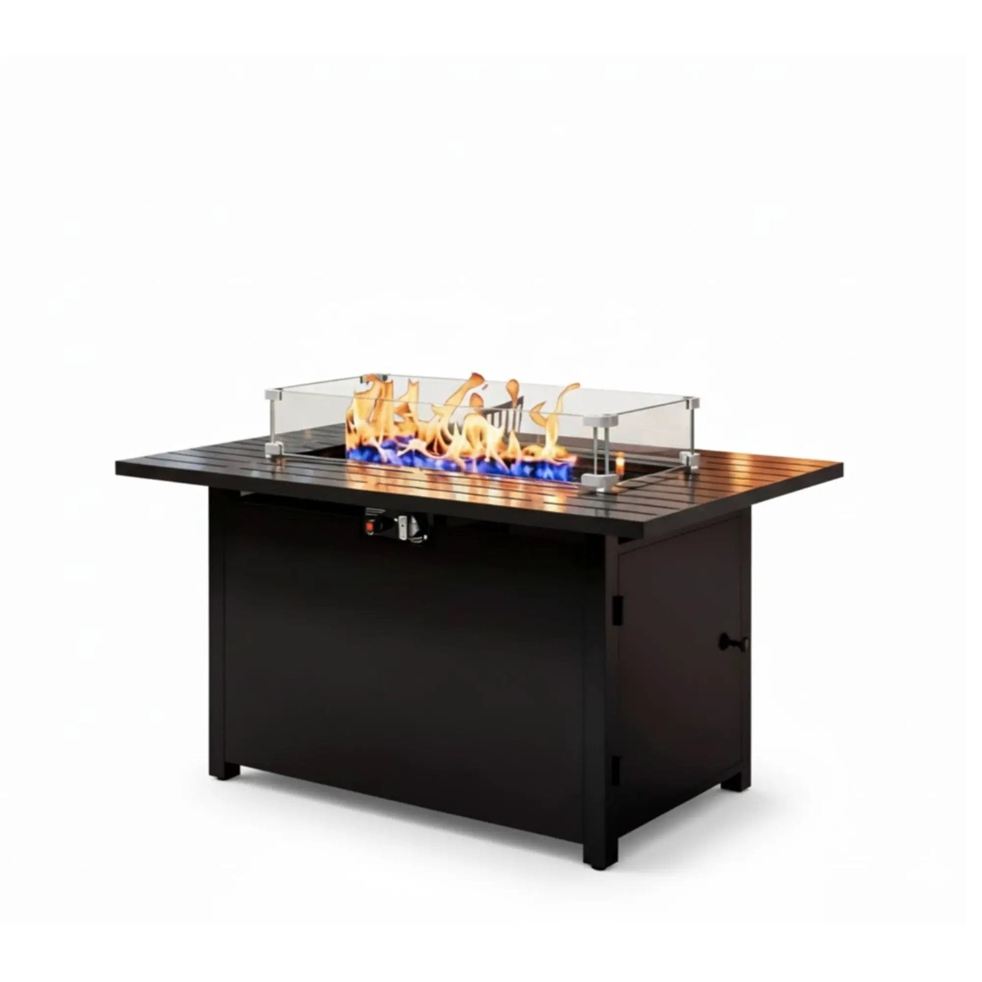 Outdoor 2 In 1 Gas Fire Pit Table With Lid & Glass Shield, Stainless Burner, Lava Rock, Rectangular Design - Black