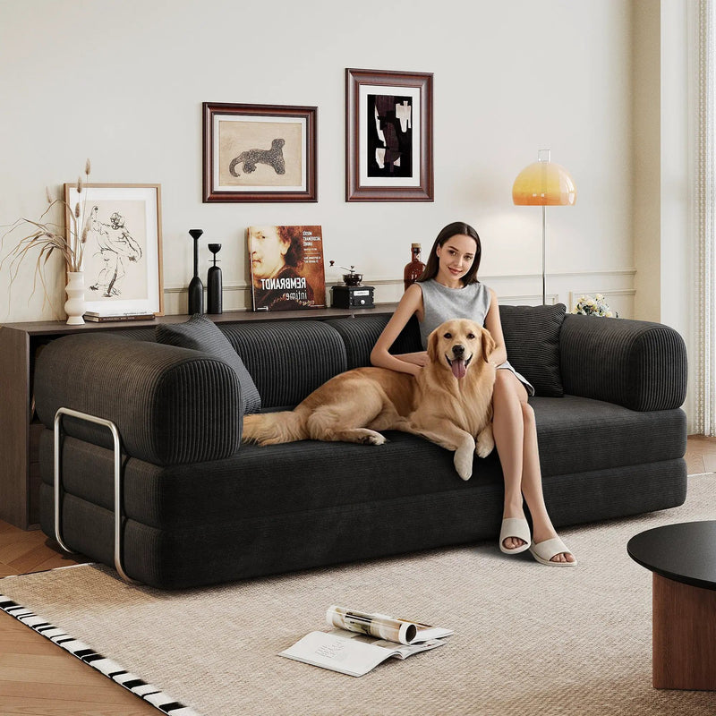 78.8' Compression Sofa,Convertible Floor Sofa Bed-with Pillow Back Support Armrest,Comfy Futon Couch Sleeper Bed,Loveseats Boneless Modular Sectional Sofa,Corduroy fabric,for Living Room,Bedroom,Black by HouseOfZazla