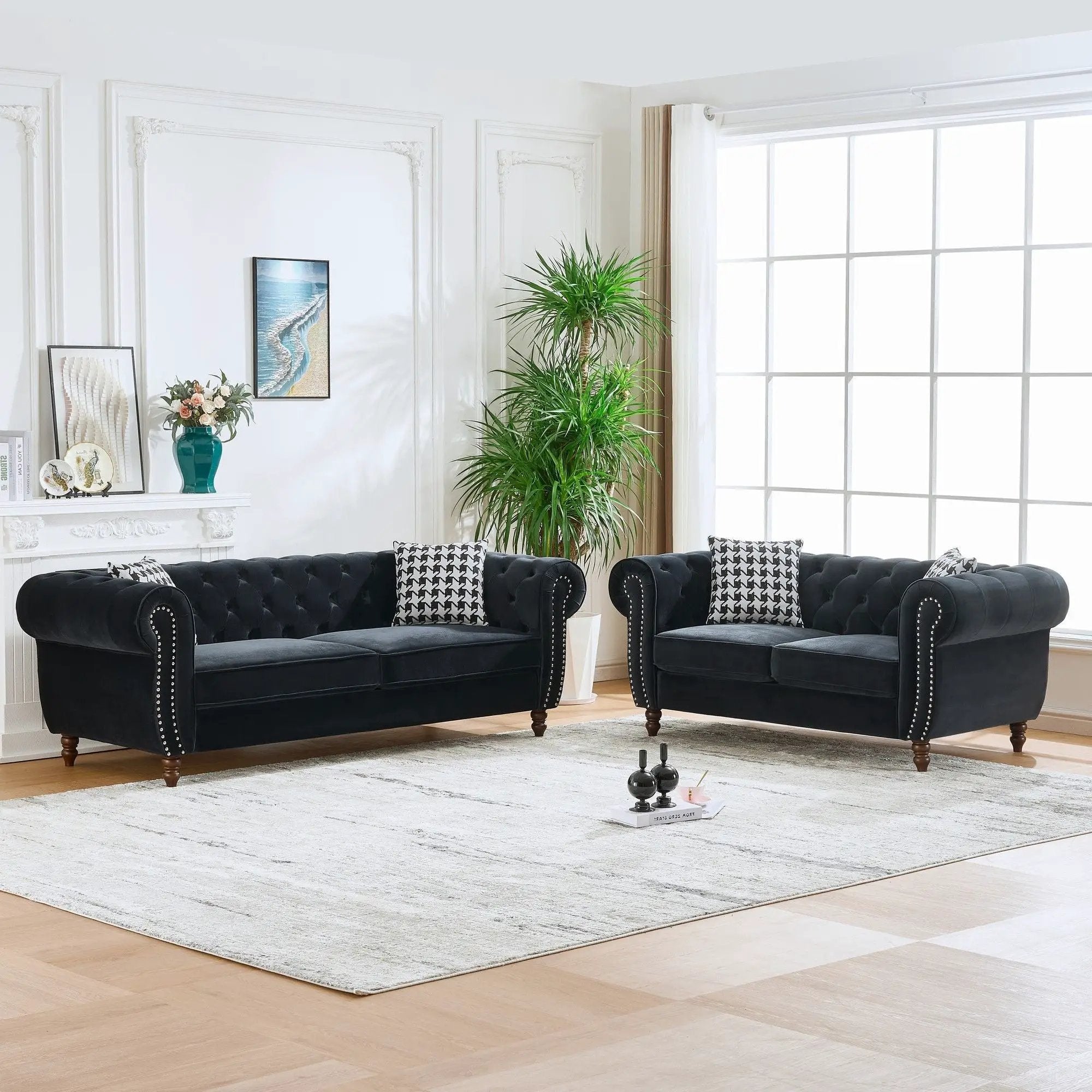 Chesterfield 3 And 2 Seater Upholstery Sofa With Roll Armrest & Nailhead Fabric Couch by Unique Piece Furniture
