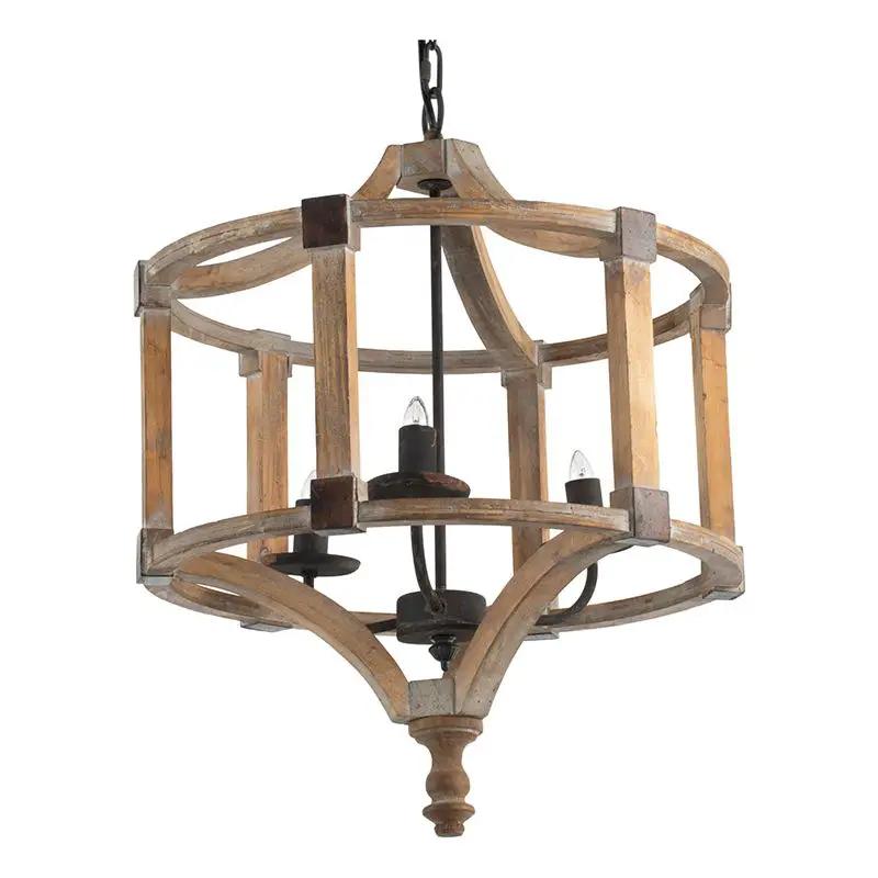 3 Light Wood Drum Chandelier, Hanging Light Fixture With Adjustable Chain For Kitchen, Bulb Not Included - Brown by Unique Piece Furniture