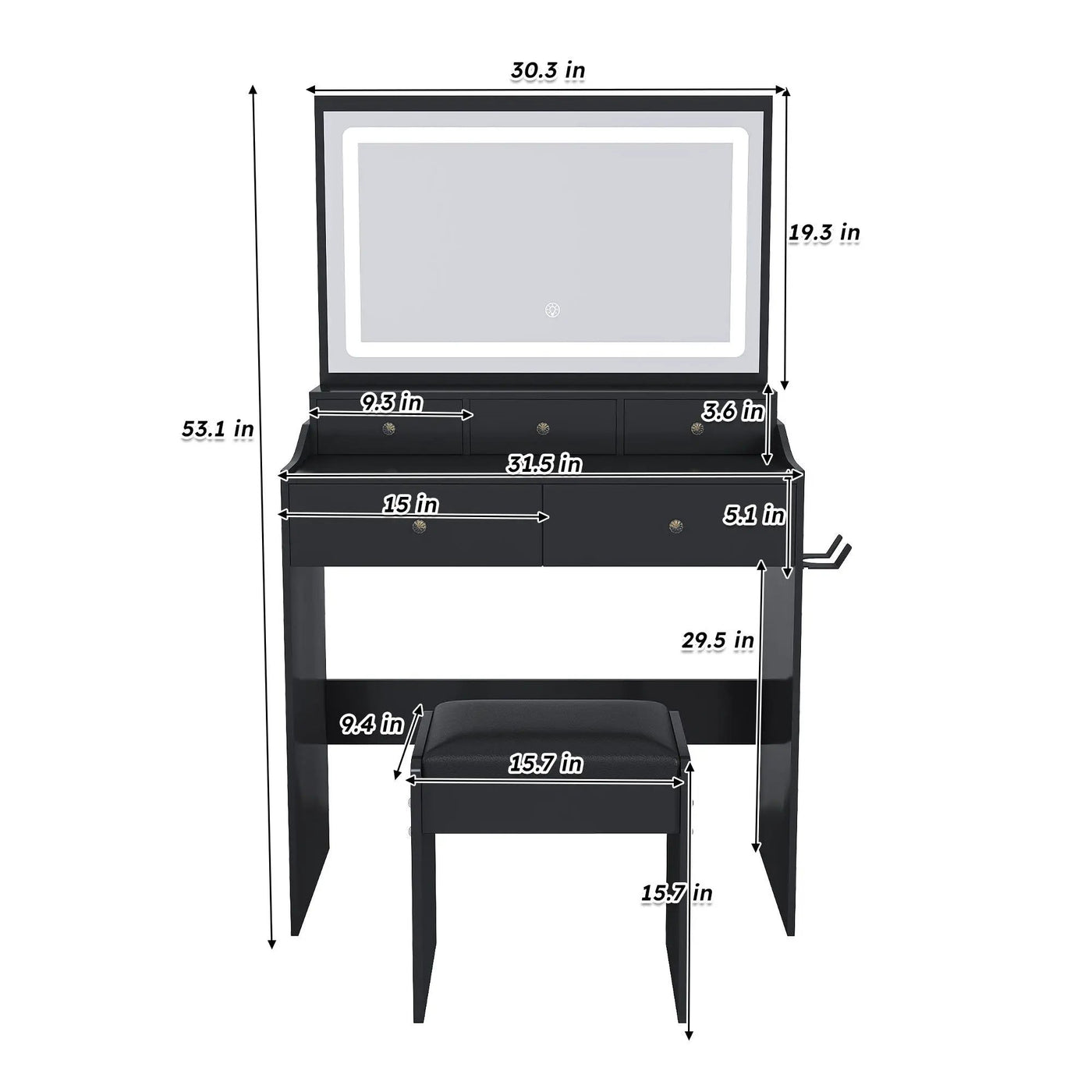 Modern Makeup Vanity Set With Power Outlet, Hair Dryer Holder, And Adjustable Lighting by Unique Piece Furniture
