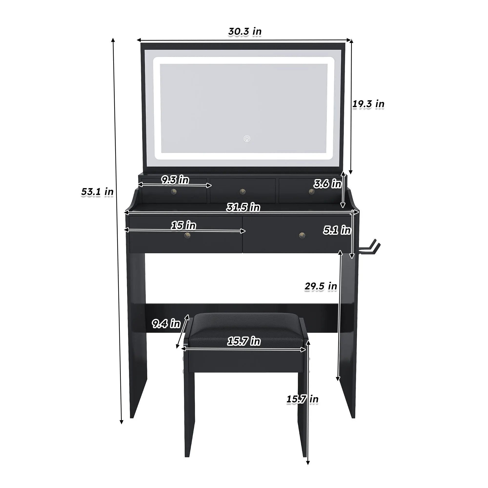 Modern Makeup Vanity Set With Power Outlet, Hair Dryer Holder, And Adjustable Lighting by Unique Piece Furniture