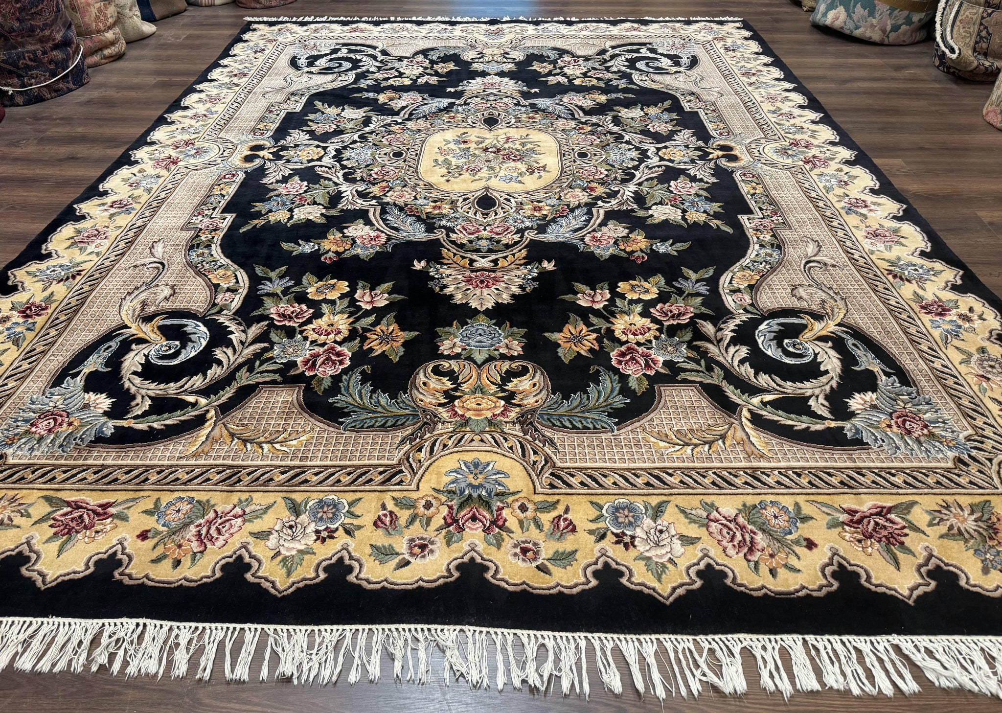 Aubusson Rug 9x12, Black and Beige, Floral, Elegant Handmade French European Design Carpet by Jewel Rugs