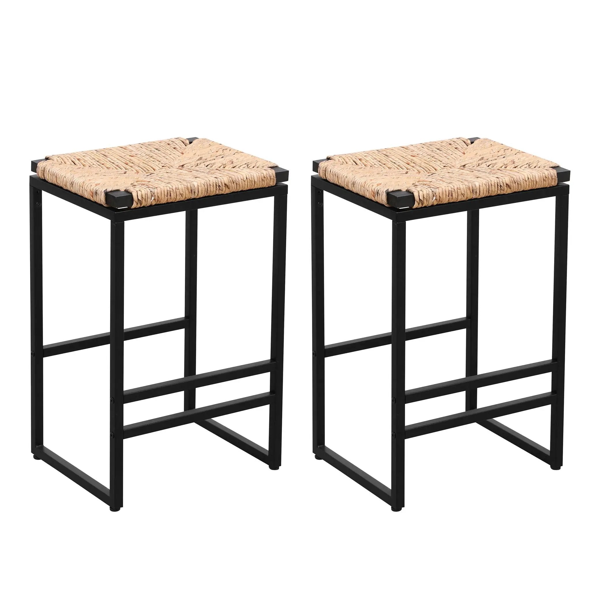 25" Height Backless Water Hyacinth Woven Bar Stools With Footrest (Set of 2) - Natural by Unique Piece Furniture