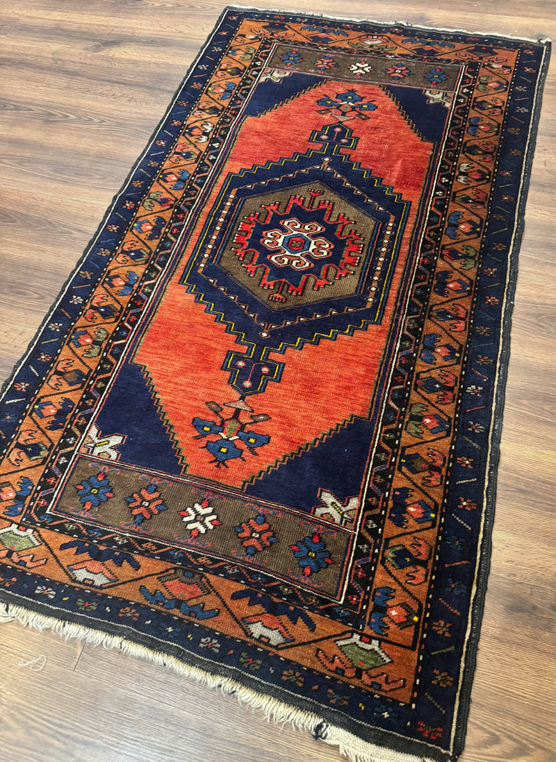 Persian Rug 3x6, Geometric Medallion, Village Tribal Rug, Terracotta and Navy Blue, Antique Nahavand Hamadan Rug by Jewel Rugs