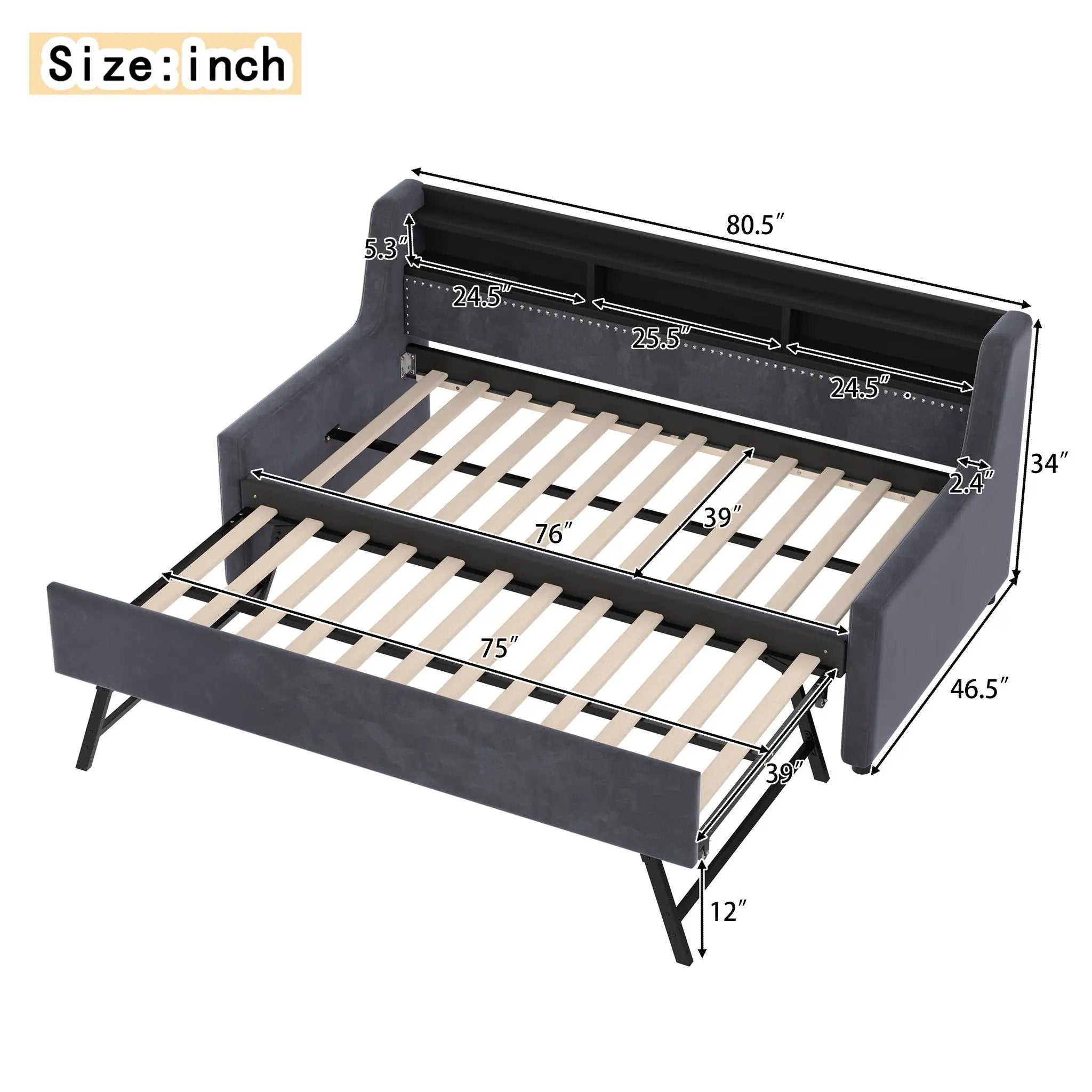 Twin Size Daybed With Trundle With LED Light ＆ Charging Station - Dark Gray by Unique Piece Furniture