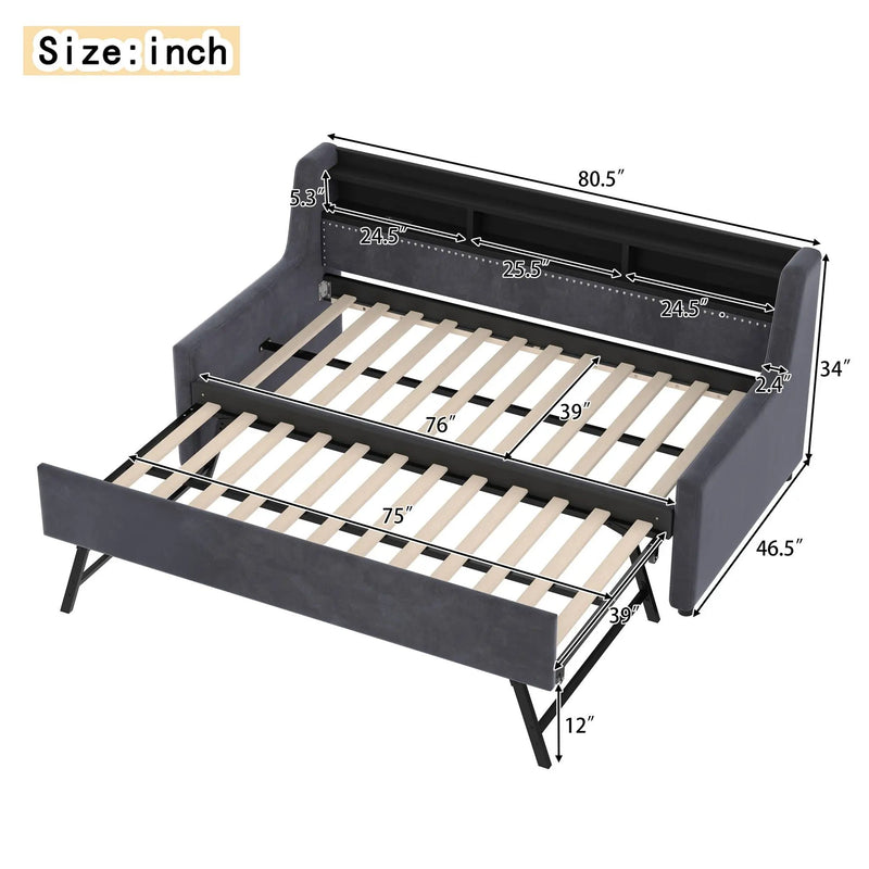 Twin Size Daybed With Trundle With LED Light ? Charging Station - Dark Gray