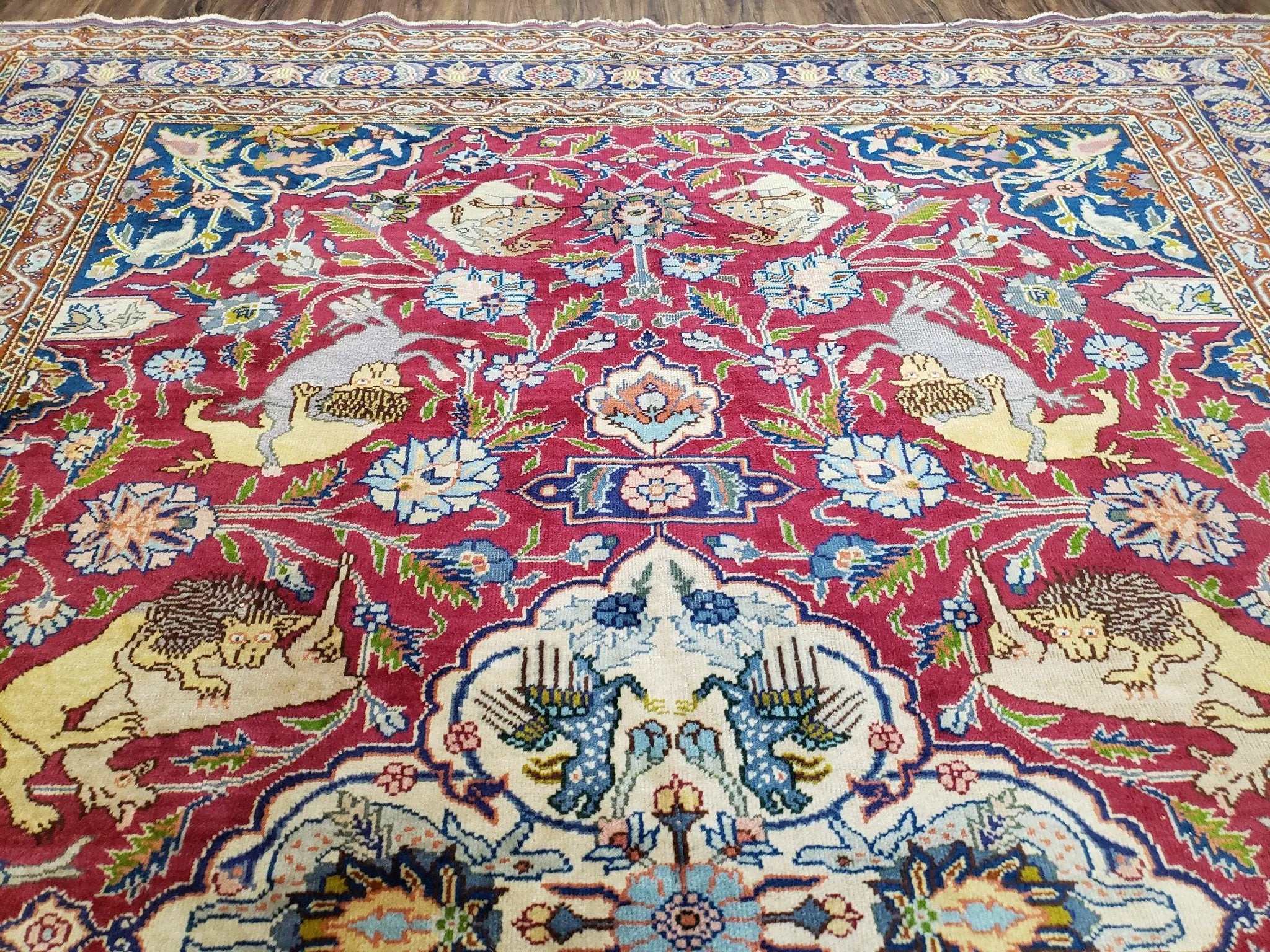 Antique Turkish Sivas Area Rug 8x11, Hand-Knotted, Vintage Red Wool Carpet, Gazelles Lions, Boteh Border, 8' x 11' Top Quality Oriental Rug by Jewel Rugs