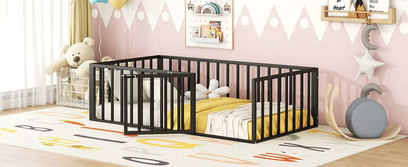 Metal Floor Bed Frame With Fence And Door by HouseOfZazla